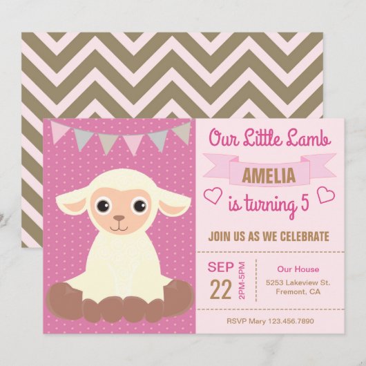 かわいい仔羊の子供の誕生日パーティーの招待状 招待状 (正面/裏面)