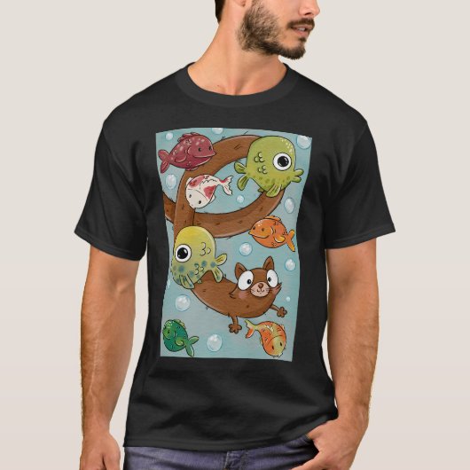 かわいい伸びる猫の魚と泳ぐ Tシャツ (正面)
