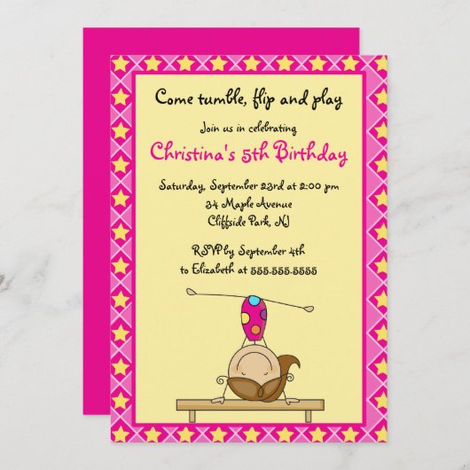 かわいい体操のバースデーパーティ招待状 招待状 (正面/裏面)