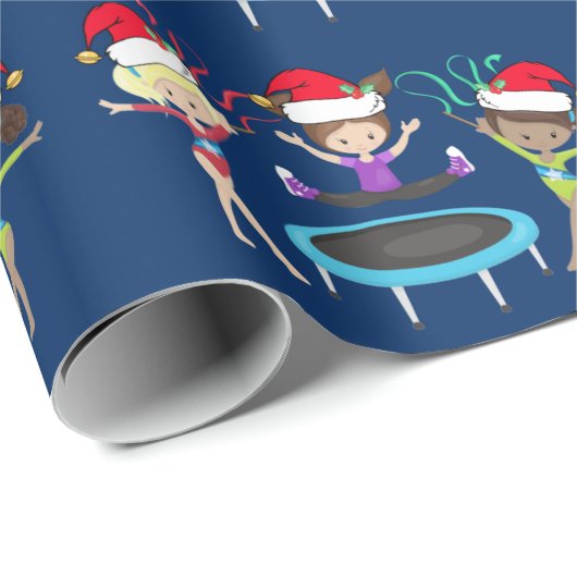 かわいい体操クリスマス体操選手ガールズブルー ラッピングペーパー (ロールコーナー)