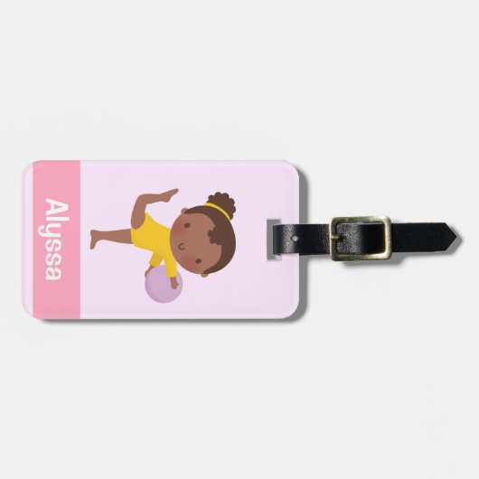 かわいい体操選手の女の子とボールパーソナライズされた ラゲッジタグ (正面横)