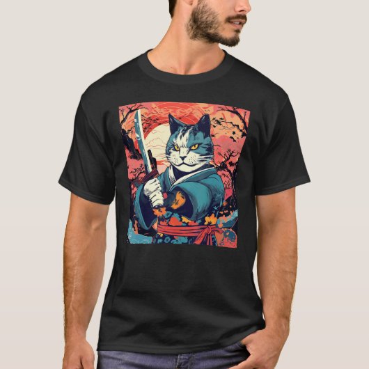 かわいい侍猫 和風タトゥー 古典的歌舞伎 Tシャツ (正面)
