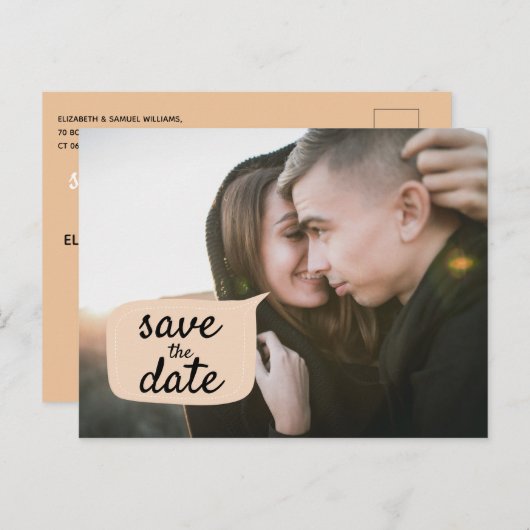 かわいい保存の日付ピーチワードバブルのフォトオーバーレイ 案内ポストカード (正面/裏面)