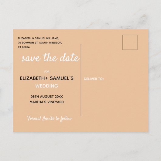 かわいい保存の日付ピーチワードバブルのフォトオーバーレイ 案内ポストカード (裏面)