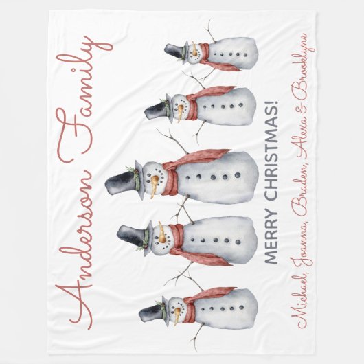 かわいい個人名字雪だるまメリークリスマス フリースブランケット (正面)