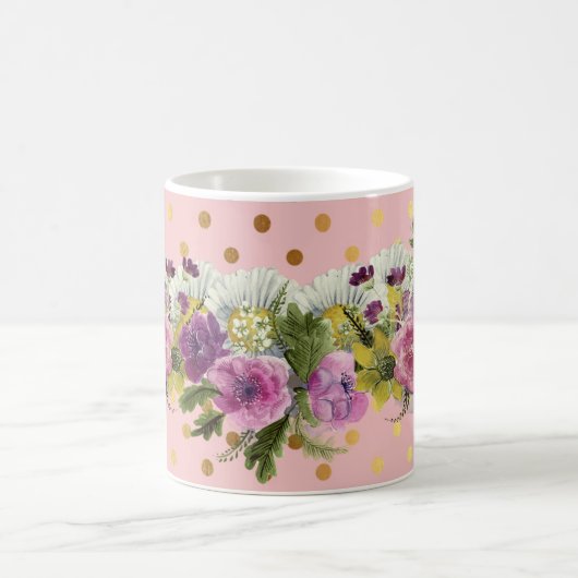 かわいい偽金水玉水彩花 コーヒーマグカップ (中央)