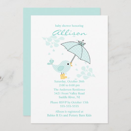 かわいい傘と青い鳥の少年のベビーシャワー 招待状 (正面/裏面)