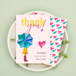 かわいい傘の女の子の水色イラストレーションパターン サンキューカード