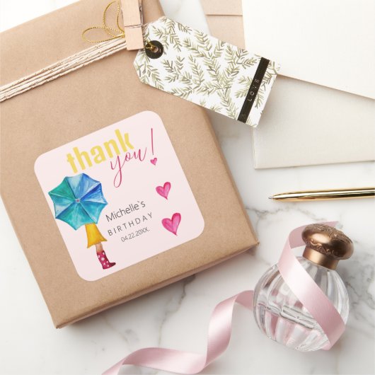 かわいい傘の女の子の水色イラストレーションパターン スクエアシール (ギフト)