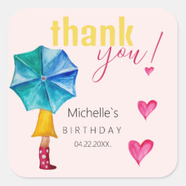 かわいい傘の女の子の水色イラストレーションパターン スクエアシール