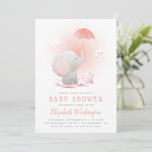 かわいい傘の象とバニー·ガール·ベビー·シャワー 招待状 (スタンド正面)