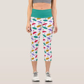 かわいい傘の雨の日パターンティール（緑がかった色）ヨガエクササイズ カプリレギンス (正面)