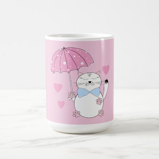かわいい傘を持ったキャラクター猫 コーヒーマグカップ (中央)