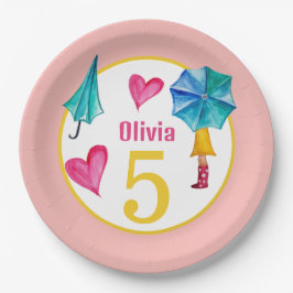 かわいい傘ガールウォーターイラストレーション ペーパープレート