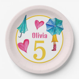 かわいい傘ガールウォーターイラストレーション ペーパープレート