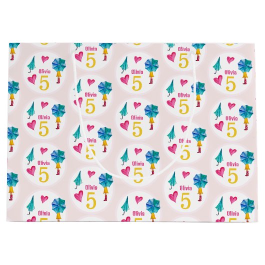 かわいい傘ガールウォーターイラストレーション ラージペーパーバッグ (正面)