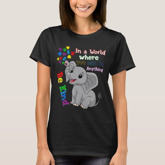 かわいい優しい象とパズル片自閉症アワル Tシャツ (正面)