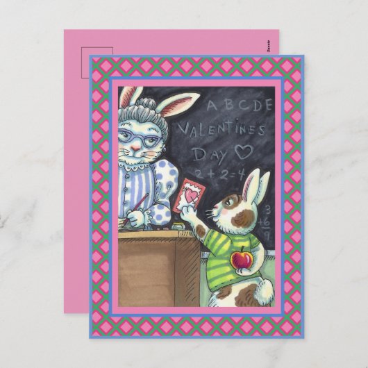 かわいい先生のペット、リンゴ&バレンタインバニーウサギ シーズンポストカード (正面/裏面)