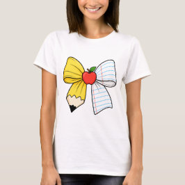 かわいい先生のリボン鉛筆紙りんご学校生活 Tシャツ
