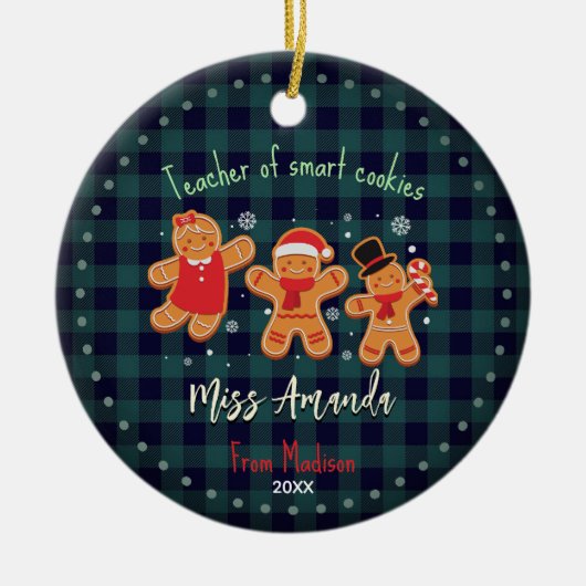 かわいい先生クリスマスジンジャーブレッドのバッファロのプレイド セラミックオーナメント (正面)