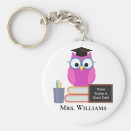 かわいい先生ピンクフクロウ新学期モノグラム キーホルダー