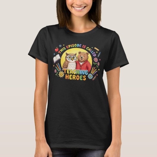 かわいい先生フクロウとクマのデザイン Tシャツ (正面)