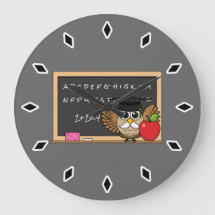 かわいい先生フクロウとApple Cartoon ラージ壁時計