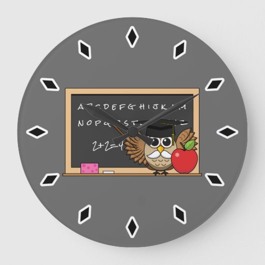 かわいい先生フクロウとApple Cartoon ラージ壁時計 (正面)