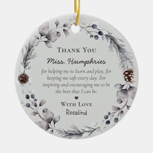 かわいい先生感謝ギフトクリスマスリース セラミックオーナメント (正面)