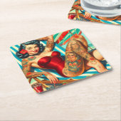 かわいい入れ墨の水着ピンアップ スクエアペーパーコースター (アングル)