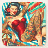 かわいい入れ墨の水着ピンアップ スクエアペーパーコースター (正面)