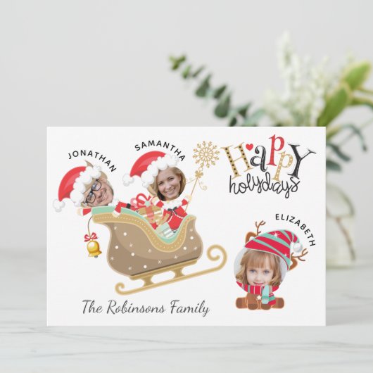 かわいい写真おもしろいサンタファミリートナカイのクリスマス シーズンカード (スタンド正面)