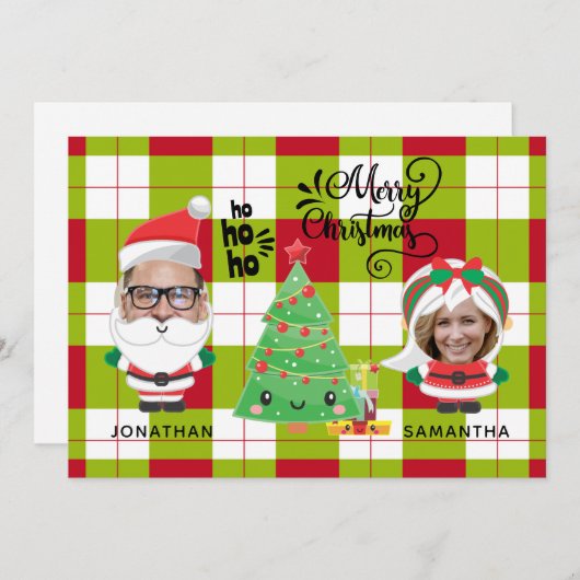 かわいい写真おもしろいプレイドサンタファミリークリスマス シーズンカード (正面/裏面)