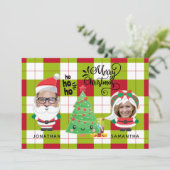 かわいい写真おもしろいプレイドサンタファミリークリスマス シーズンカード (スタンド正面)
