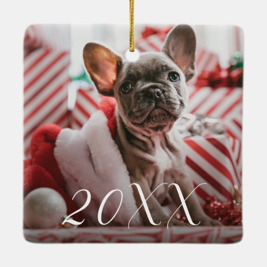 かわいい写真の子犬初めてのクリスマス セラミックオーナメント (裏面)