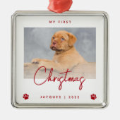 かわいい写真パピー1stクリスマスポープリントレッド メタルオーナメント (正面)