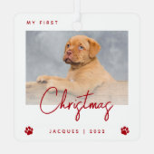 かわいい写真パピー1stクリスマスポープリントレッド メタルオーナメント (裏面)