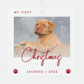 かわいい写真パピー1stクリスマスポープリントレッド メタルオーナメント (正面)