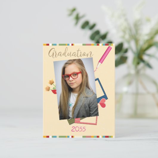 かわいい写真中学校卒業招待状 ポストカード (スタンド正面)