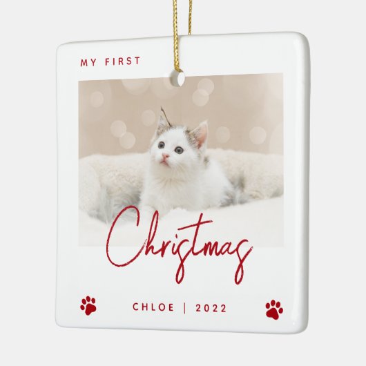 かわいい写真子猫1stクリスマスポープリントレッド セラミックオーナメント (左)