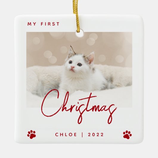 かわいい写真子猫1stクリスマスポープリントレッド セラミックオーナメント (正面)