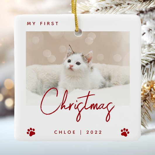 かわいい写真子猫1stクリスマスポープリントレッド セラミックオーナメント