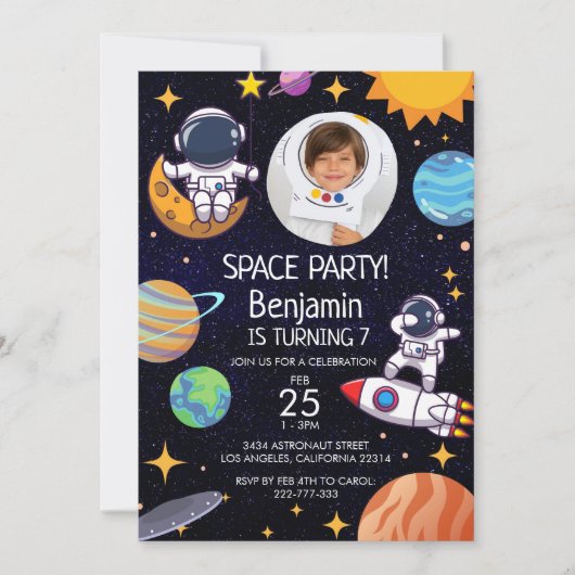 かわいい写真宇宙パーティー任意の年齢誕生日 招待状 (正面)