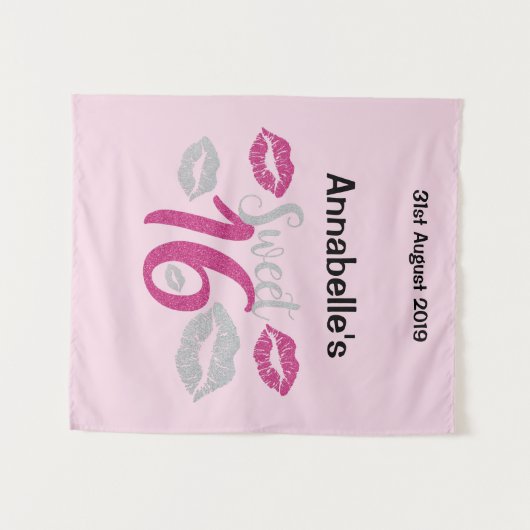 かわいい写真用小道具の背景に甘い16歳の誕生日 タペストリー (正面(横))