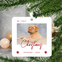 かわいい写真 子犬の最初のクリスマス 足跡 赤 メタルオーナメント