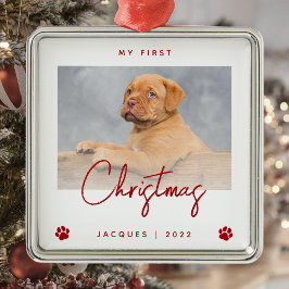 かわいい写真 子犬の最初のクリスマス 足跡 赤 メタルオーナメント