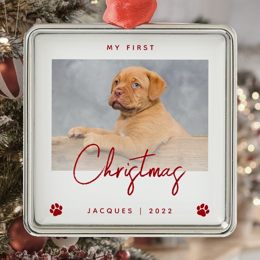かわいい写真 子犬の最初のクリスマス 足跡 赤 メタルオーナメント