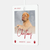 かわいい写真 子犬の最初のクリスマス 足跡 赤 メタルオーナメント (正面左)