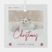かわいい写真 子猫のクリスマス1歳 肉球 赤 ガラスオーナメント (正面)