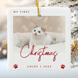 かわいい写真 子猫のクリスマス パウプリント 赤 セラミックオーナメント